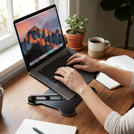 Phone Tablet Stand Adjustable Aluminum Alloy in use on a desk