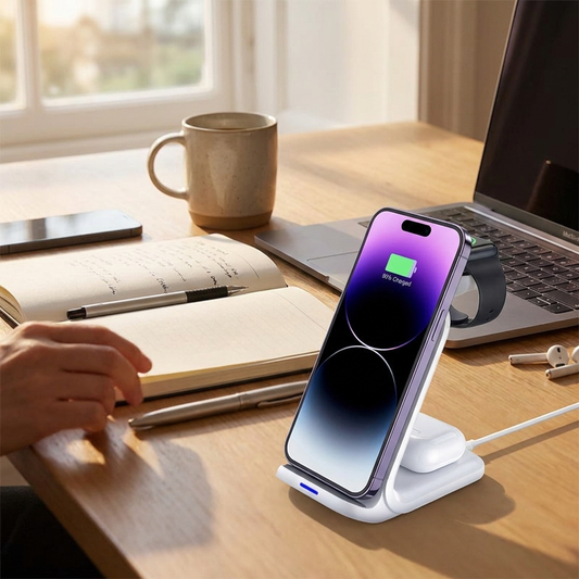 Desktop 3 in 1 Wireless Charger in use