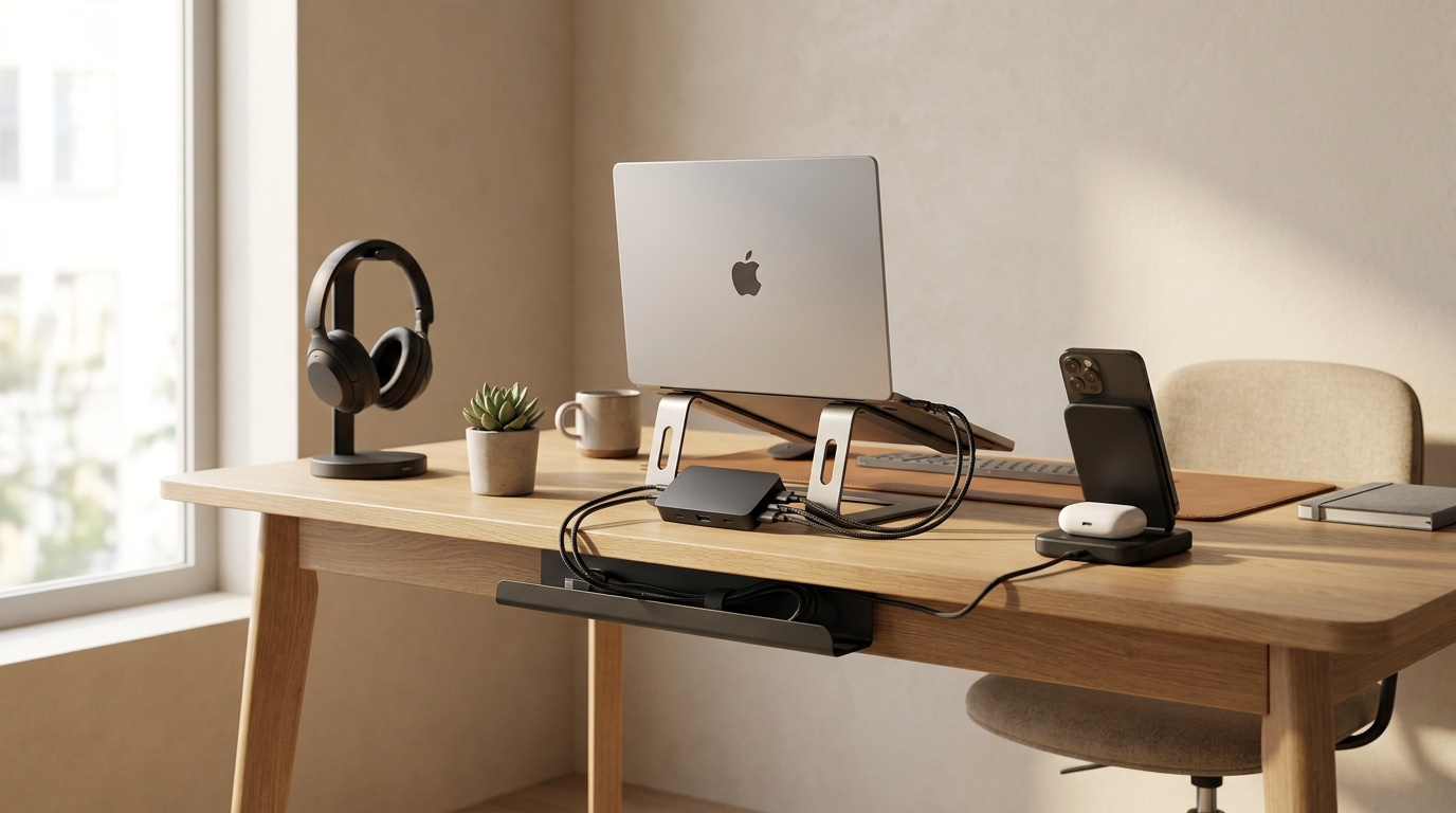 VoltBase storefront hero - modern desk setup
